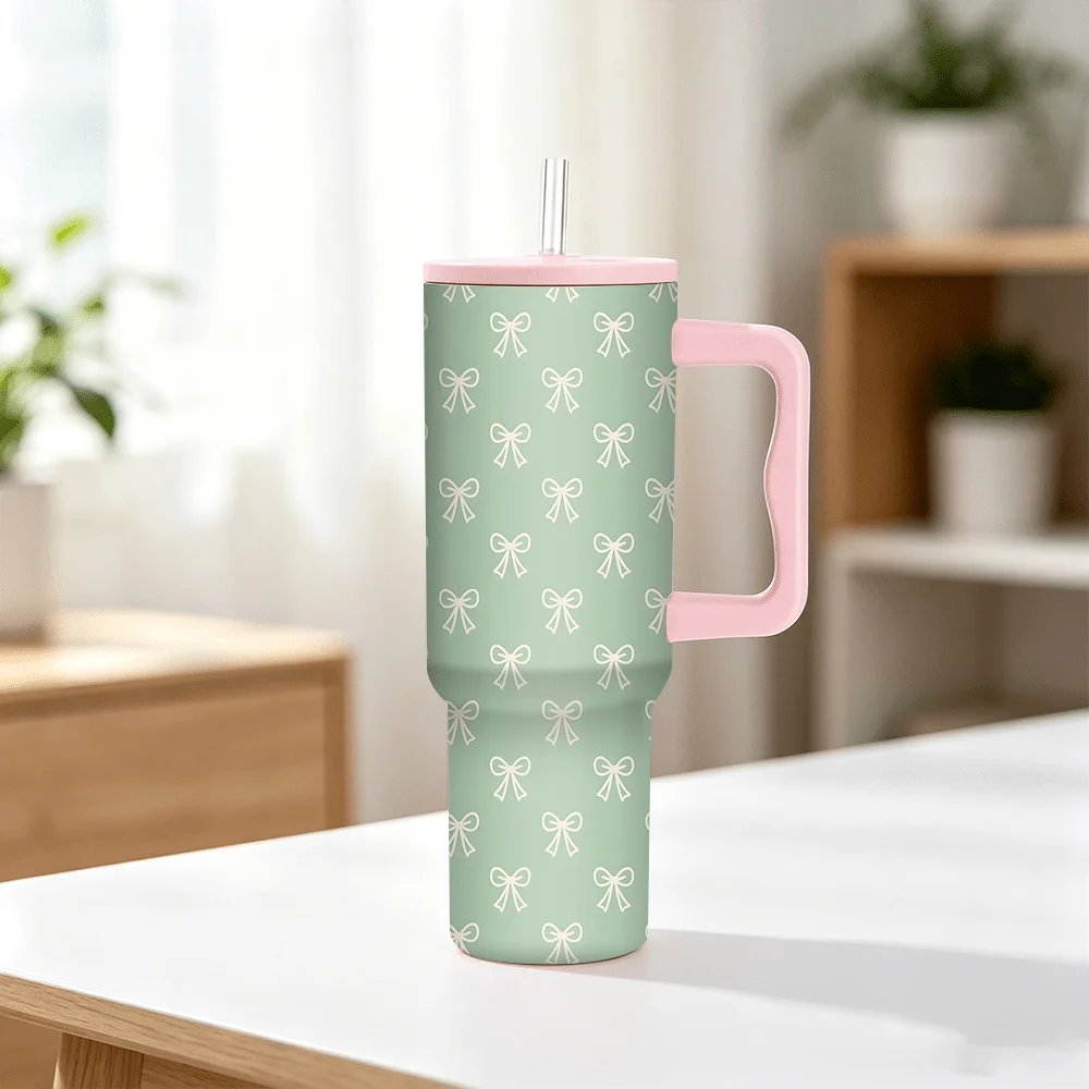 40Oz Minimalist White Small Bow Ditsy Pattern Soft Sage Green Base Full Print Tumbler, Insulated Travel Cup with Handle Lid And Metal Straw, Easy Coquette Cute Ribbon Pastel Themed Daily Beverage Mug