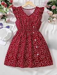 Women's red heart-shaped printed dress: romantic V-neck design, waist-hugging and slimming style, suitable for Valentine's Day w