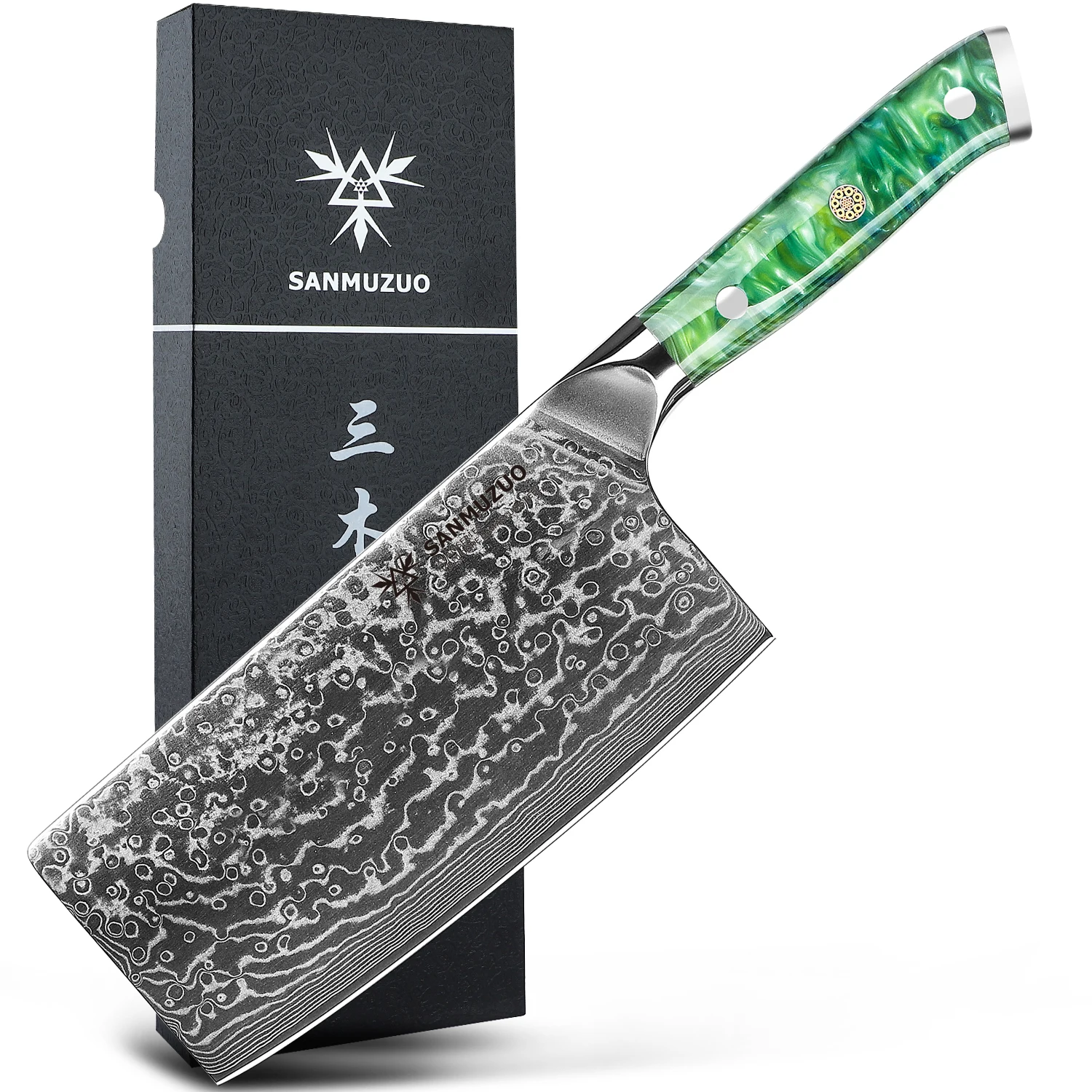 Cuchillo de Chef chino, cuchillo de cocina de acero damasco VG10, mango de resina (verde), serie Xuan, 7"