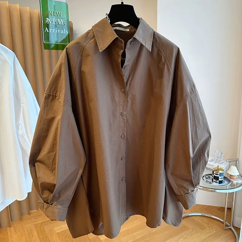 

Women'S Spring And Autumn Loose Casual Cotton Top With Collar And Shoulder Sleeves, Covering The Buttocks