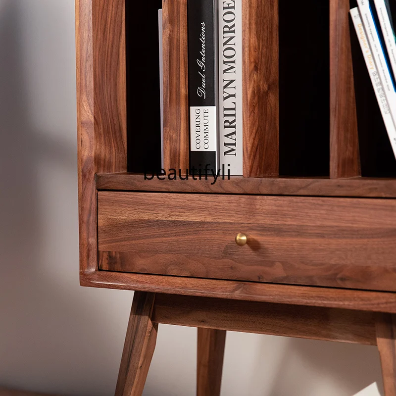 Solid Wood Side Cabinet Retro Black Walnut Wooden Bookcase Japanese Magazine Living Room Storage Bookshelf