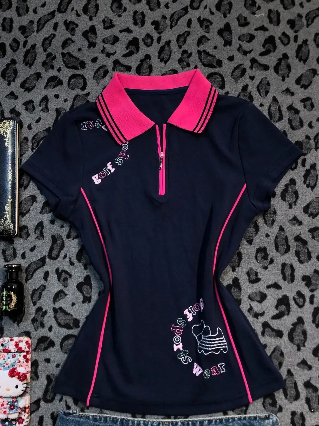 Y2K millennial navy blue pink polo shirt women striped zipper polo shirts short-sleeved T-shirt womens vintage slim-fitting tops