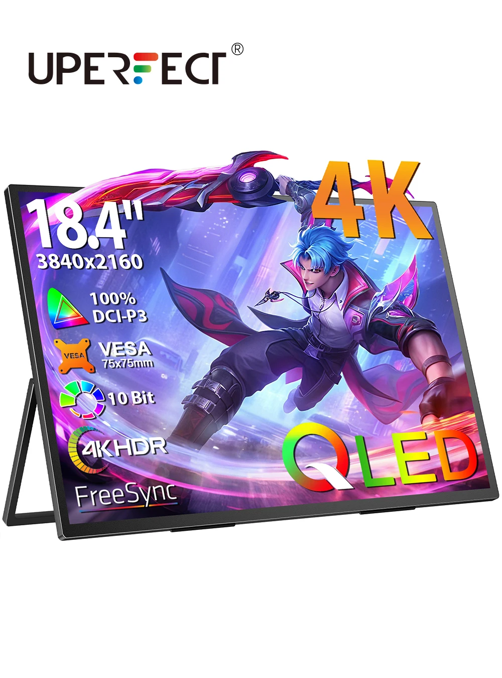 شاشة ألعاب محمولة UPERFECT مقاس 18.4 بوصة بدقة 4K QLED UHD 3840 * 2160 QHD فائقة النحافة مع FreeSync HDR وشاشة سفر مع حامل لجهاز Steam Deck PC MacBook والهواتف والأجهزة اللوحية PS5/4 Xbox Switch