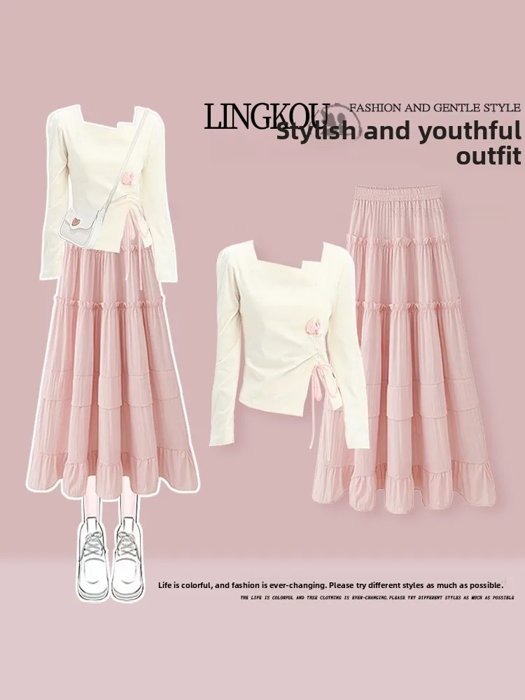 

Stunning Autumn Set Women's Slimming Short Top High Waist Skirt Two-Piece Suit Age-Defying Flattering Meat-Covering Midi Skirt