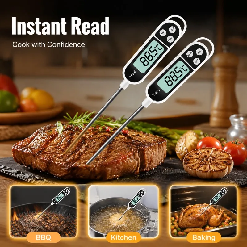 TP300 Stainless Steel Probe Digital Food Thermometer Instant Read Temperature Gauge for Outdoor Barbecue Baking Steak Milk Oil