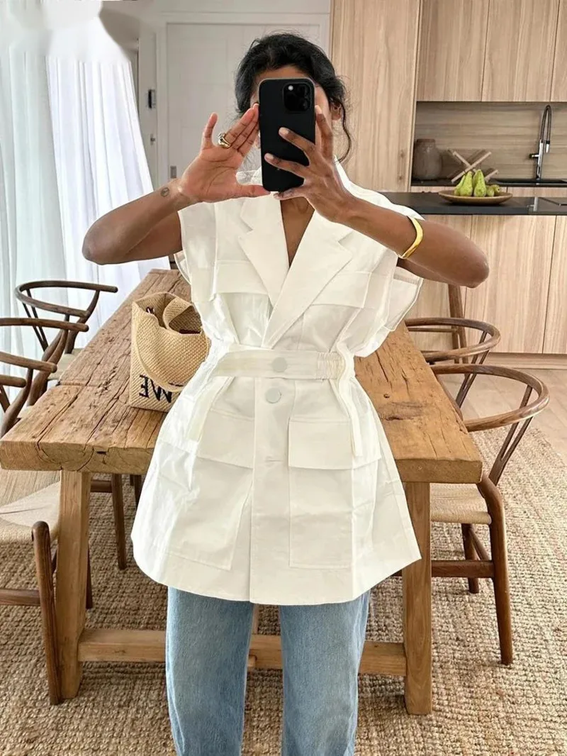 

Fashion Loose White Cotton Women's Shirt Elegant Lapel Sleeveless Shirts Casual Classic Solid Top Female Clothing MSY9