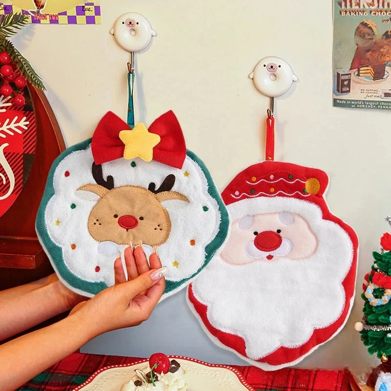 Christmas hand towel with hanger, cute and absorbent, household coral fleece towel, Christmas tree-shaped hand towel.