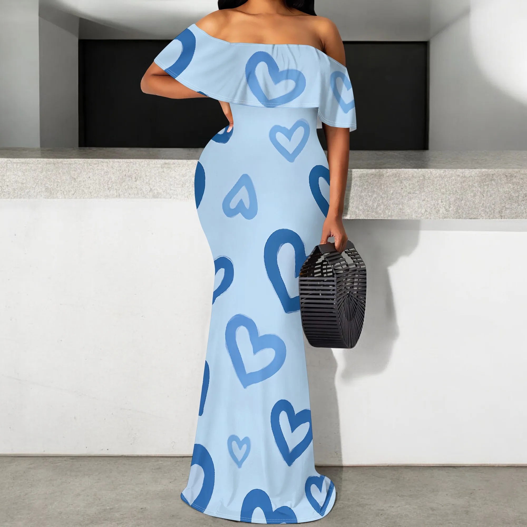 

Women's Off Shoulder Heart Print Maxi Dress Summer Party Fishtail Sundress S-3XL