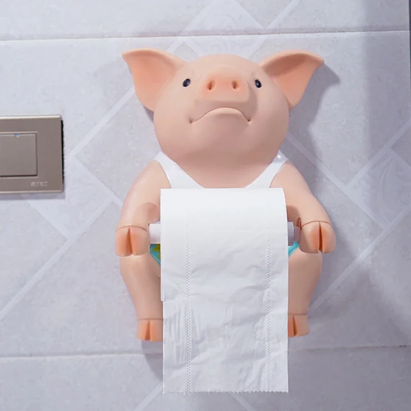 

Wall Mounted Cartoon Pig Shape Paper Drum Holder Creative Punch Free Towel Tissue Holder Home Living Room Bathroom Kitchen Decor