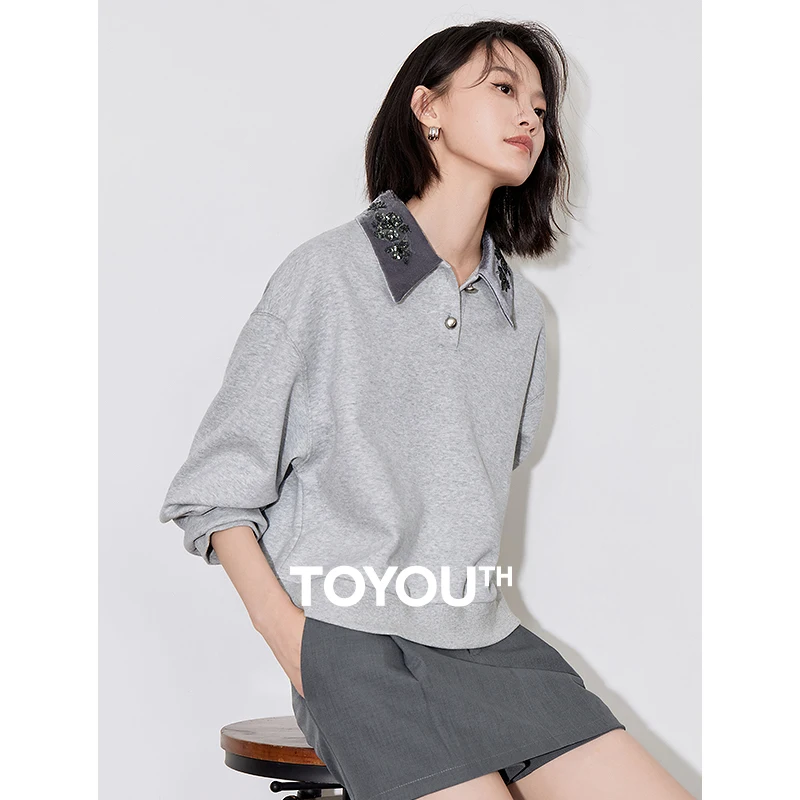 TOYOUTH Women Hoodies Sweatshirt 2024 Autumn New Bead Embroidery Turn Down Collar Long Sleeve Pullover Tops Gray