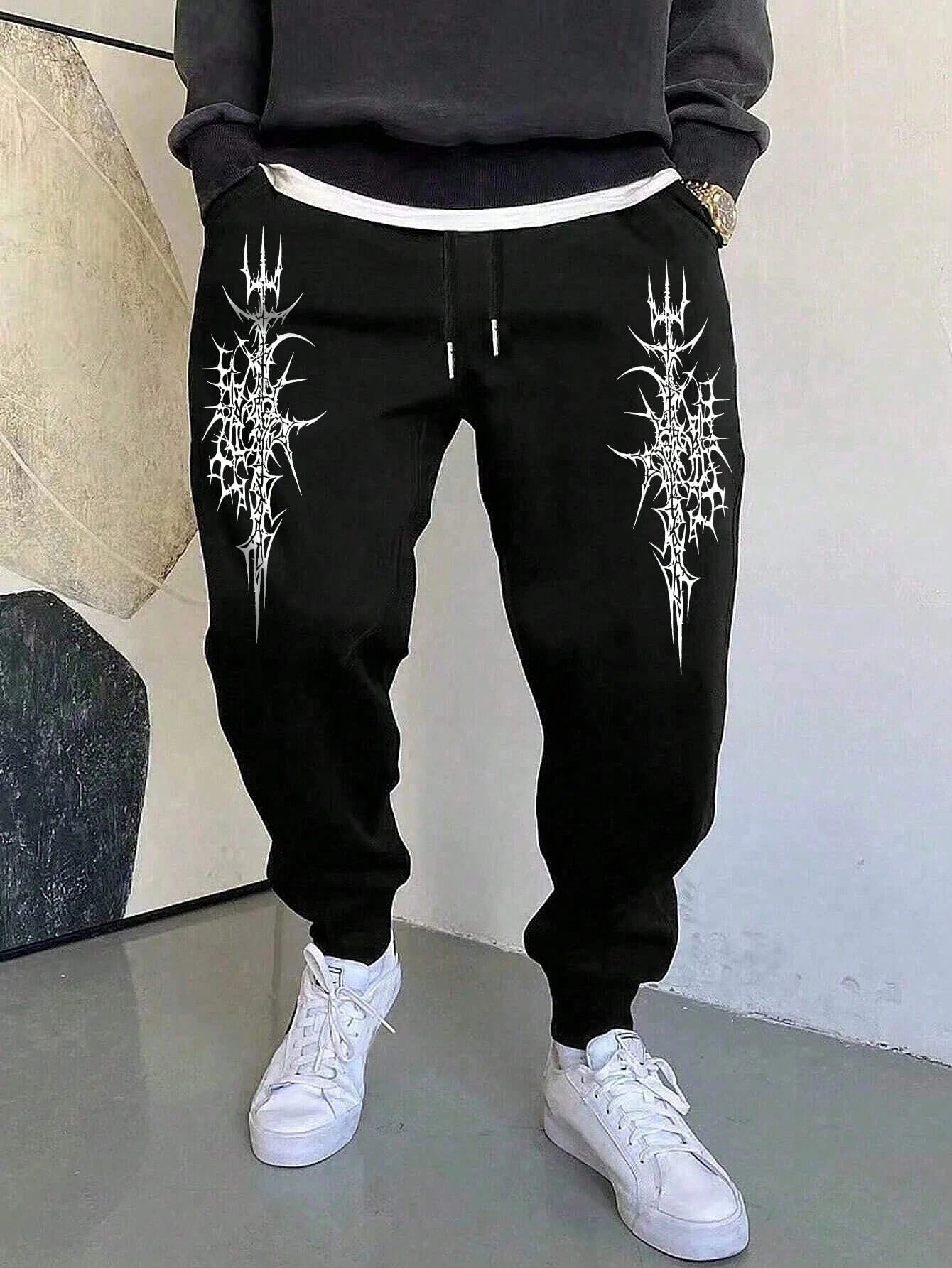

Men's fashionable street style drawstring printed sports pants Gothic style loose casual pants comfortable and fashionable pants