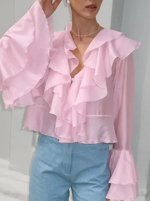 Women's Chiffon Shirt Summer New French Elegant Sweet Style V-Neck Layered Ruffle Edge Splicing Trumpet Sleeve Chiffon Shirt