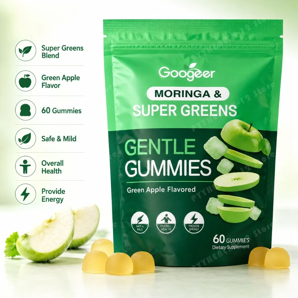Googeer Moringa Super Greens Gummies Green Apple Energy Daily Greens Support Wheatgrass Barley Grass Broccoli Vegan 60 Gummies