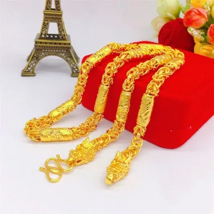 

Necklace Domineering 9999 24K Real Gold Dragon Head Dragon Phoenix Bamboo Joint Bucket Bead Chain Cloth Pattern Twist Chain