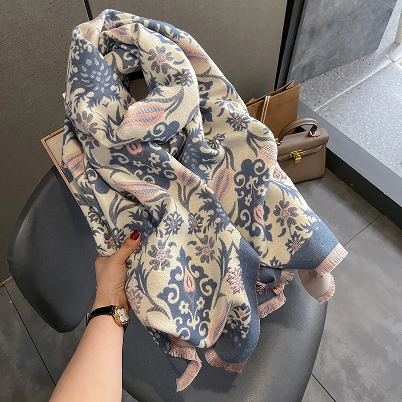 Thick Floral Print Cashmere Hijab Poncho Women Luxury Scarf Warm Pashmina Travel Blanket Shawl Wraps Bufanda 2023 Design Echarpe