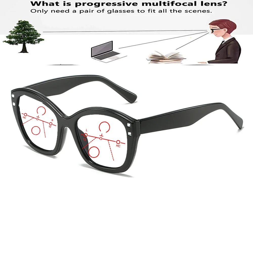 

European and American Style Cat's Eye Personality Full-rim Comfortable Progressive Multifocal Reading Glasses +0.75 To +4