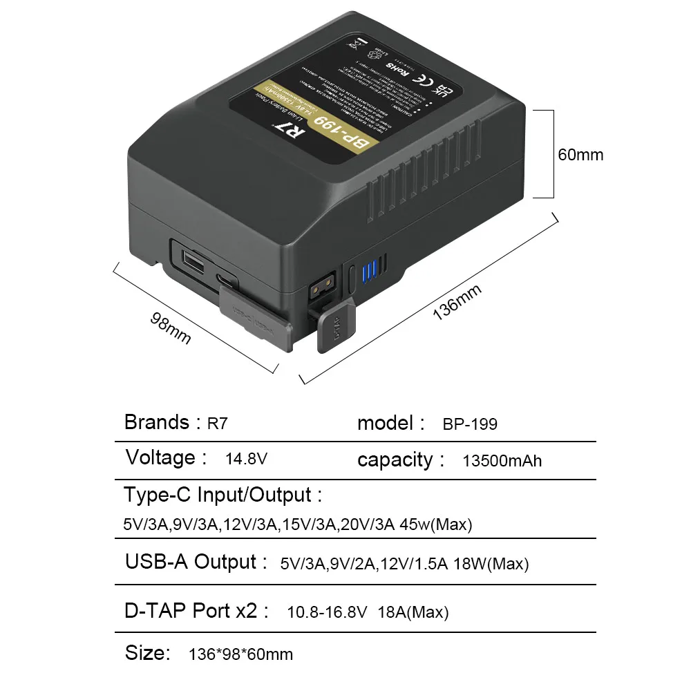 Batería de bloqueo en V para videocámara Sony, BP-199 de 14,8 V, 13500mAh, para transmisión de vídeo LED, Blackmagic URSA Mini Pro