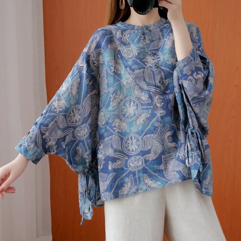 Chinese Style Clothing Plus Sizes For Women Blouses 2024 Batwing Sleeve Print Linen Tops Chinese Traditional Shirt Blouse 12322