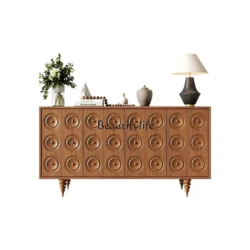 

French oak medieval dining side cabinet wabi-sabi wind solid wood carving entrance entrance cabinet