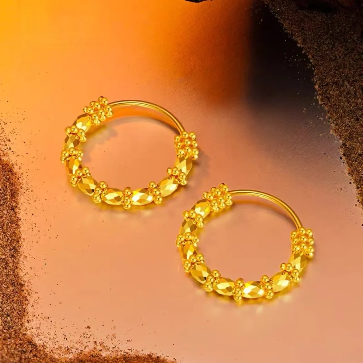 Shiny K18 Gold Color Beaded Circle Earring for Women Bride Wedding Engagement Stud Earrings Jewelry Sets Gifts Not Fade