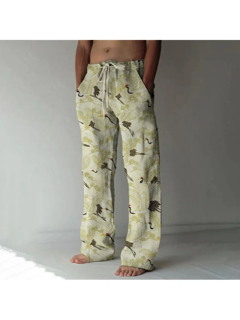 2025 new linen straight leg pants, red crowned crane printed men's pants, daily comfortable plus size casual pants