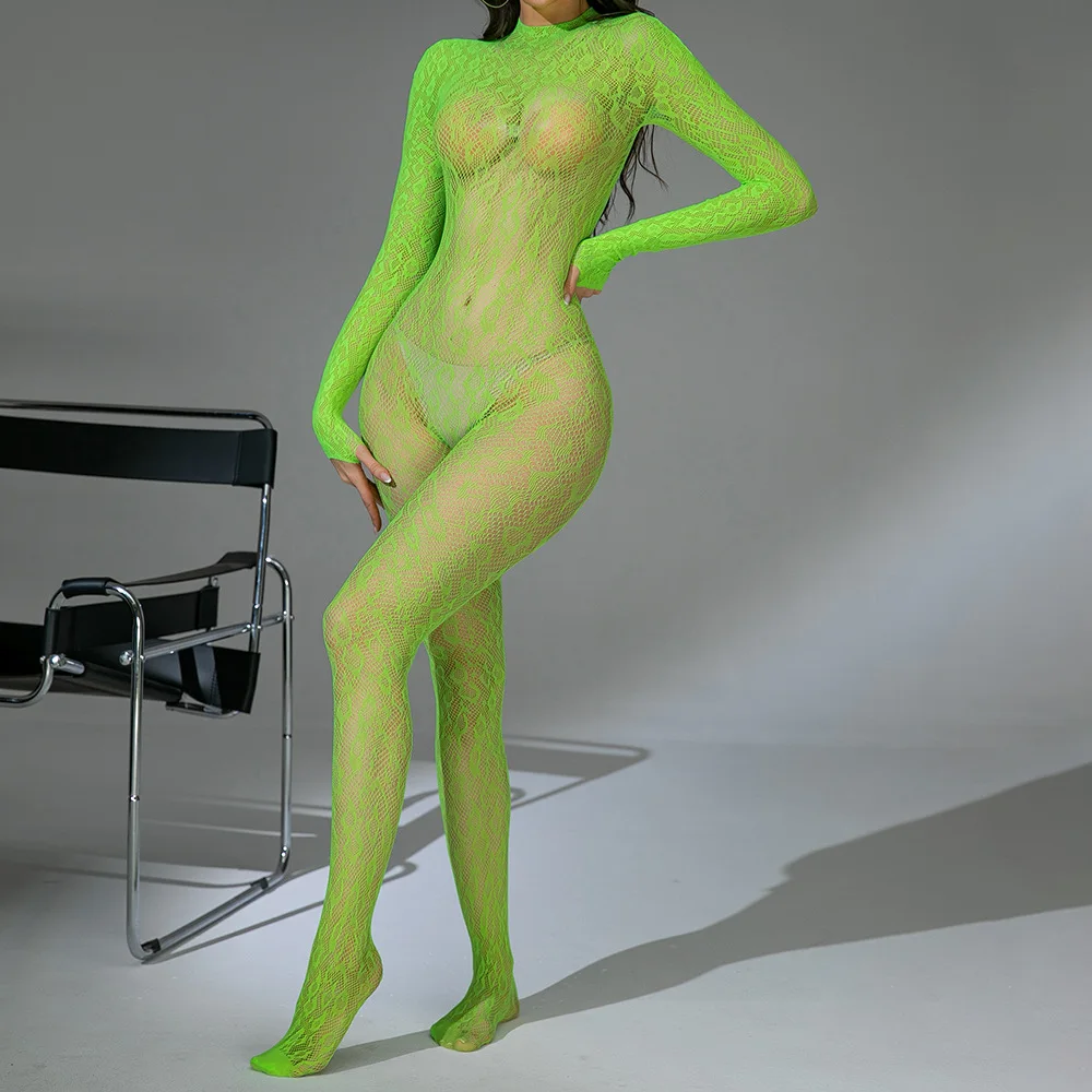 مثير الدانتيل انظر من خلال ارتداءها طويلة الأكمام شبكة صيد السمك حللا مرونة النادي الليلي الانتقال الدعاوى للنساء مثير القطب الرقص وزرة #6