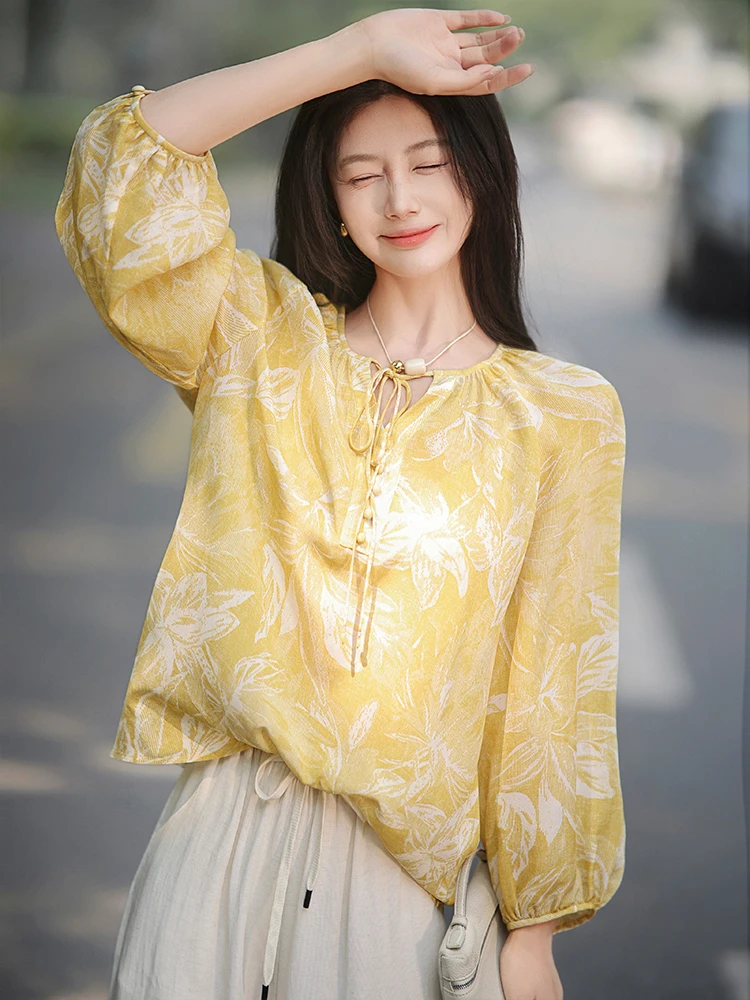 

ZhaodaXi Yellow Rose Silk Loose Lantern Sve round Ne Small irt Женский модный топ Ele Commute Sle Long Sve Top