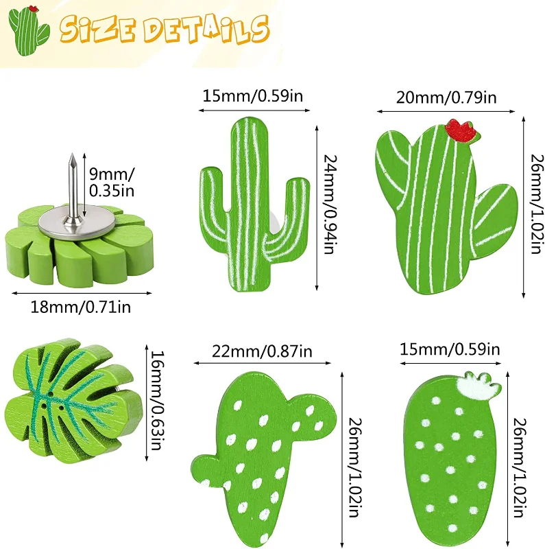 20 Pcs Wooden Cactus Push Pins with Box Decorative Cute Leaf ThumbTacks for Bulletin Board Photos Wall Office Classroom Decor