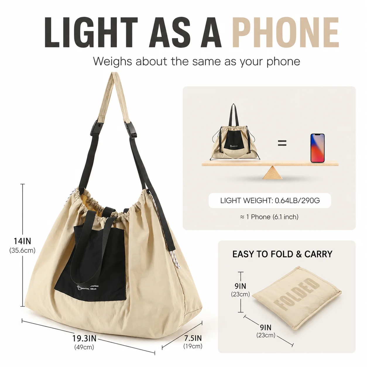 Foldable Drawstring Tote Bag Lightweight Large Capacity Shoulder Bag Waterproof Gym Yoga Sports Travel Handbag for Men Women