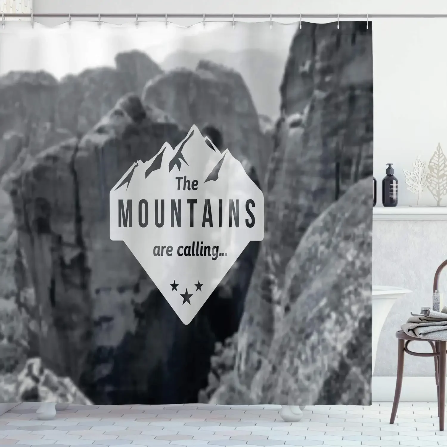 Adventure Shower Curtain,Mountains Are Calling Landscape Picture with Words Art Waterproof Fabric Bathroom Decor Set with Hooks