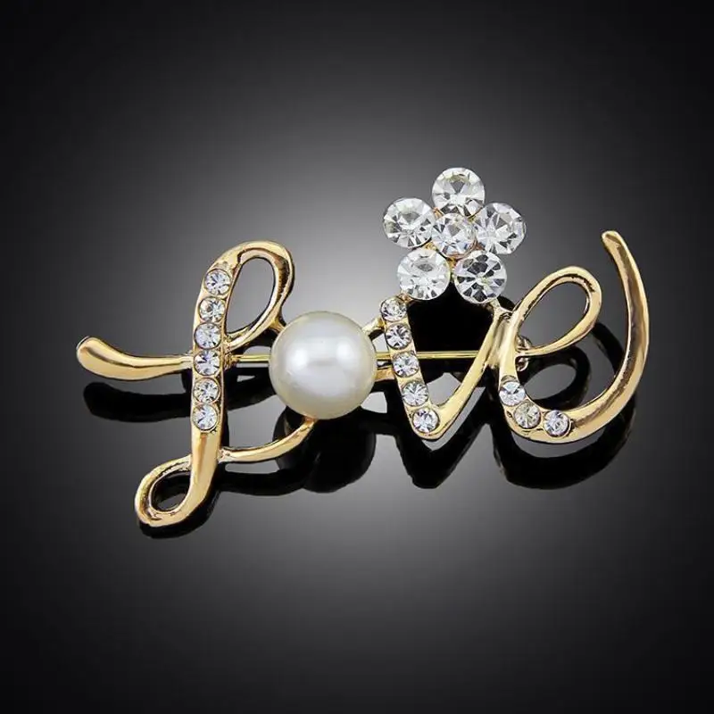Sparkly Pearl Love Letter Brooch Rhinestone Crystal Lapel Pin for Women Suitable for Coat Scarf Hat Decoration