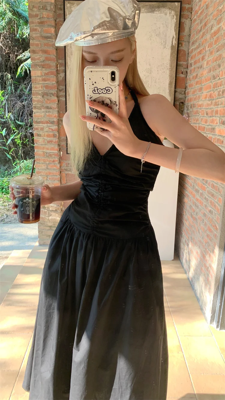 Korobov V-neck Slim Halter Dress Women Pleated Design Long Skirt Solid Vintage Y2k Dresses Korean Fashion Vestidos Para Mujer