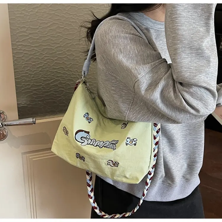 

2026 New Denim Shoulder Bag for Women Cartoon Embroidery Braided Strap Vintage Hobo Crossbody Bag