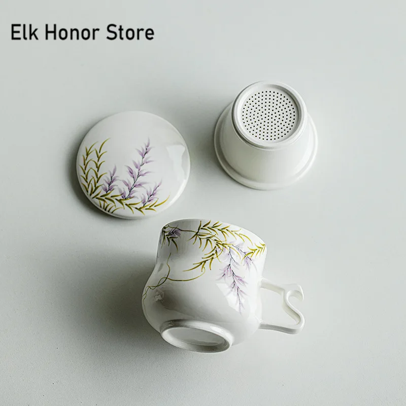 320ml Pure Hand-painted Wisteria Mug Boutique Coffee Cup Mug with Filter and Lid Tea Maker Personalized Mug Tea Items Craft Gfts