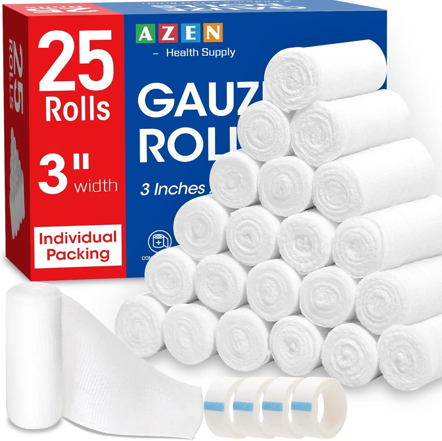 

25 Pack Gauze Rolls 3x4.1 Yards, Premium Medical & First Aid Supplies, Non-Stick Wound Dressing