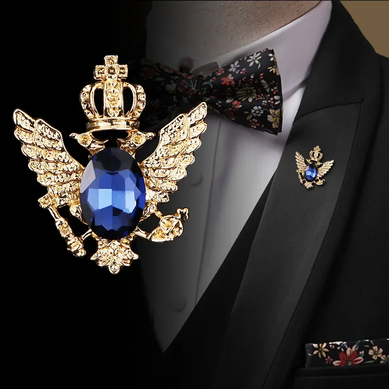 Vintage Angle Wing Double Eagle Badge Męski garnitur retro Broszka z kryształu górskiego Biżuteria Luksusowe metalowe szpilki i broszki dla kobiet
