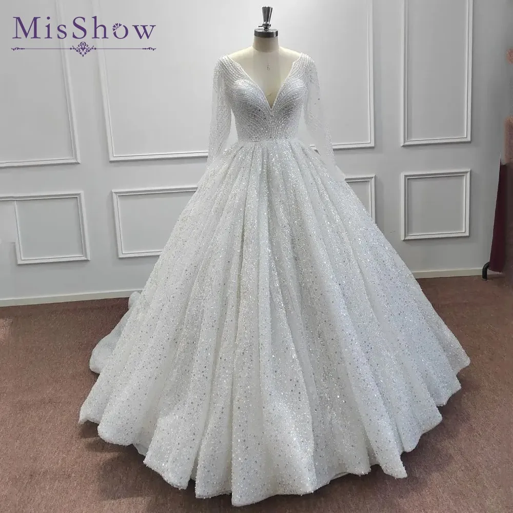 

Luxury Sparkly Heavy Beaded Ball Gown Wedding Dresses Gowns Long Sleeves Princess Dress 2024 Vestidos De Novia