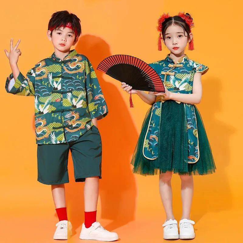 2026 Children's Performance Costume Student Breathable Buckle Ancient Costume Set Kids' Chinese Style Hanfu 2-piece Set LJ712