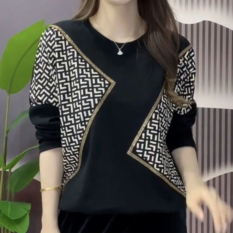Moda diamanti girocollo stampato impiombato top abbigliamento donna Vintage elegante manica lunga pullover larghi t-shirt femminile