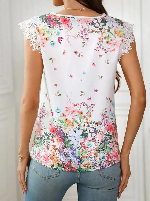 

Vintage Women's Sleeveless T-Shirt Top with Lace Cuffs V-Neck Elegant Casual Slim Fit Flower Print for Vacation