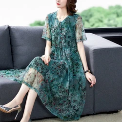 2024New Summer Women's Dress Korean Printed Mid Long Dress Loose Elegant Middle-aged Female Mesh Dresses Women's Clothing 4XL