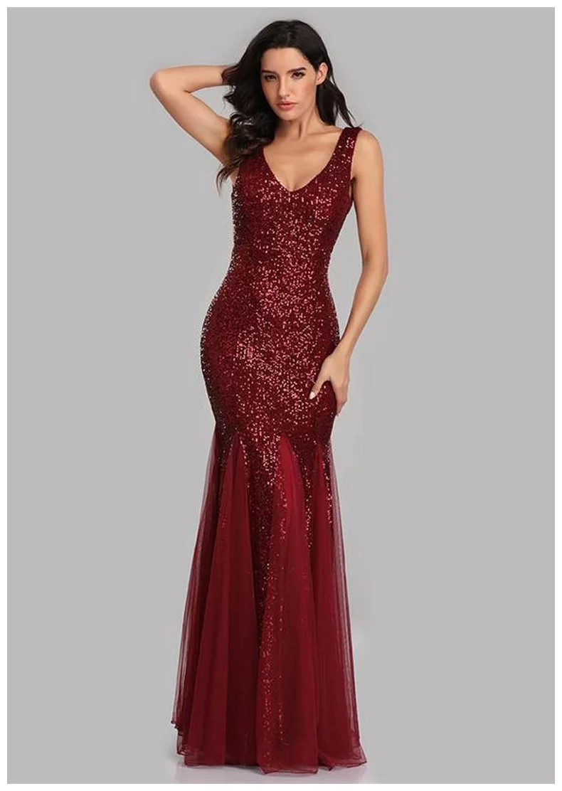 European and American Middle Eastern Sequined Toast Dress Temperament V-neck Sexy Fishtail Slim Banquet Eveningdress Mercerized