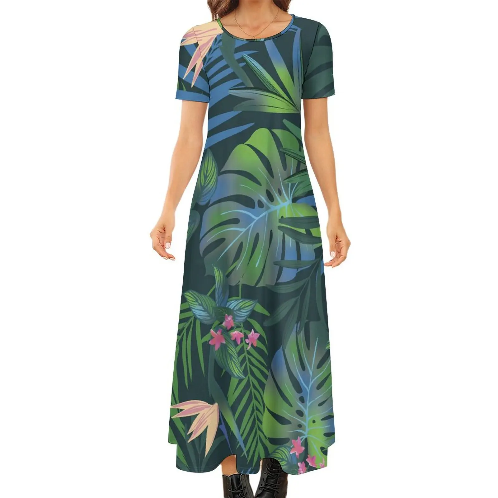 

Tropical Leaf Dress Pink Floral Print Street Style Bohemia Long Dresses Womens Kawaii Maxi Dress Gift