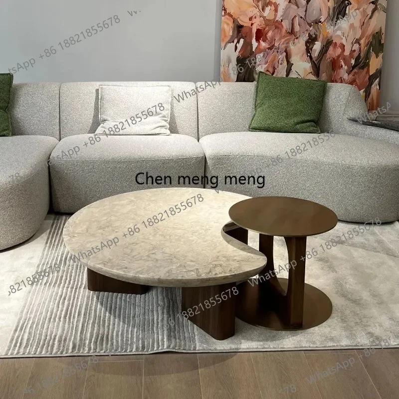 

Журнальный столик F150 в современном минималистичном стиле с натуральным каменным топом цвета Оман Роза и ножками из орехового дерева, боковой столик цвета шампань с матовой отделкой, креативный дизайн для гостиной