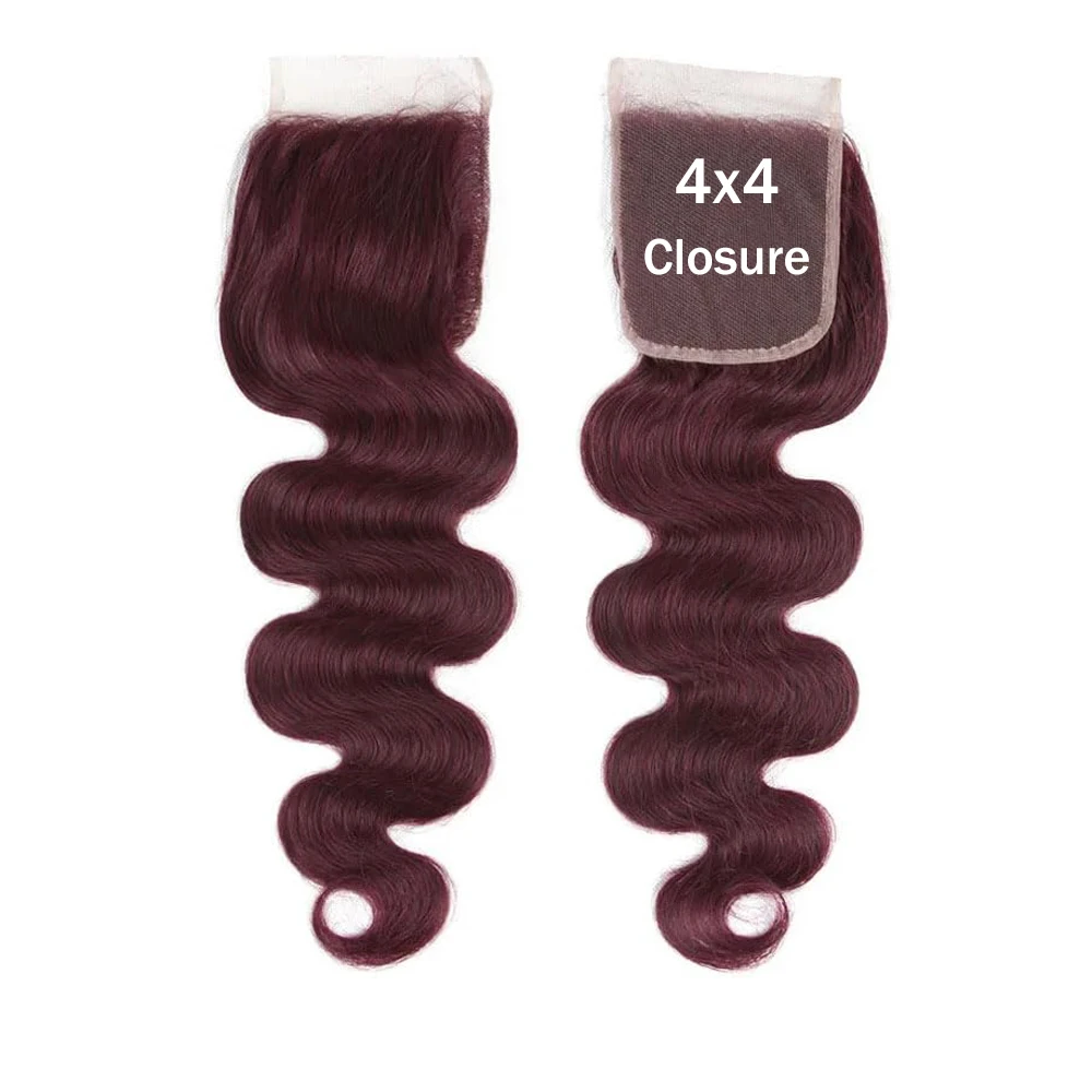 99J Body Wave 4x4 Cierre de encaje transparente encaje suizo brasileño virgen 100% extensiones de cabello humano prearrancado con pelo de bebé