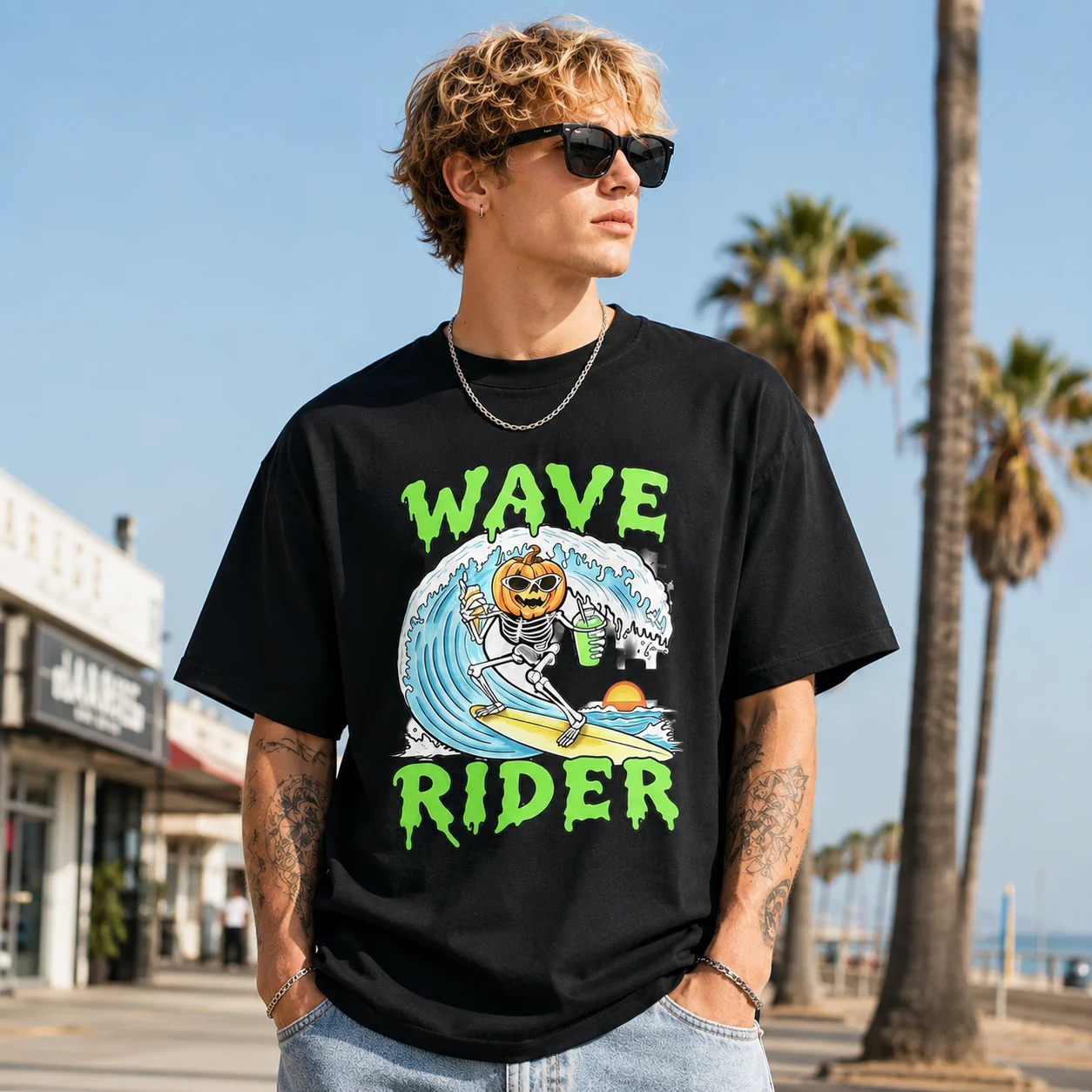 Men Retro Surf Skeleton Pumpkin Print T-shirt Halloween Spooky Graphic Crewneck Short Sleeve Summer Casual Oversized Street Tee
