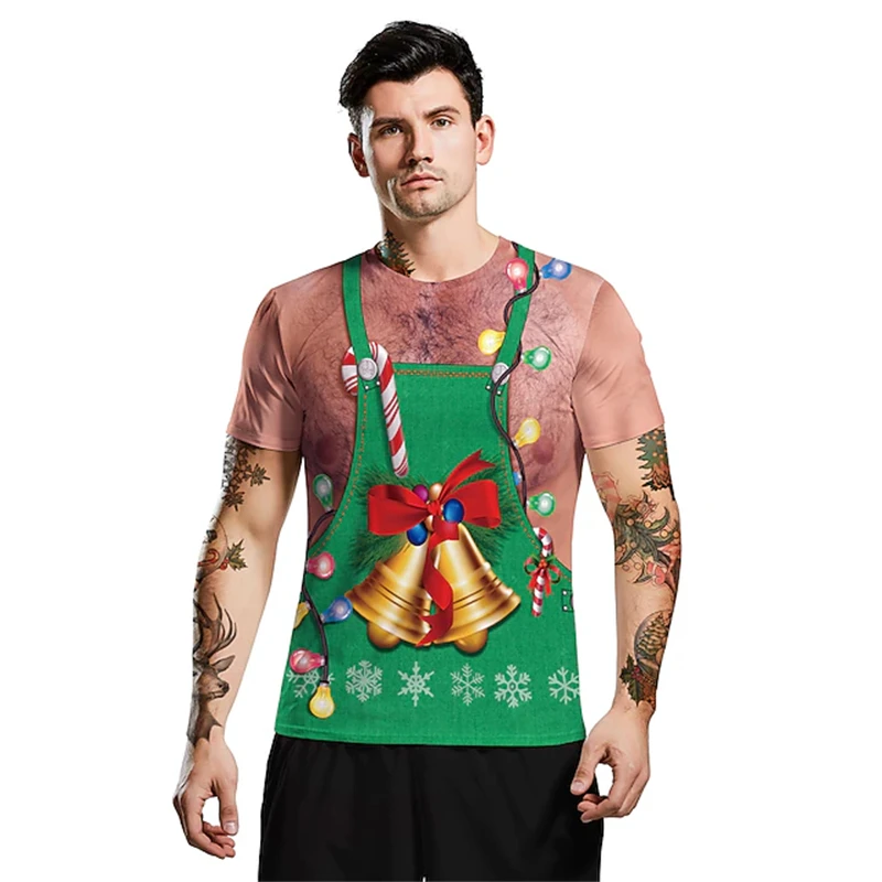 

Мужская рождественская рубашка с короткими рукавами, мужская одежда с принтом колокольчиков, уличная повседневная удобная и облегающая футболка с короткими рукавами