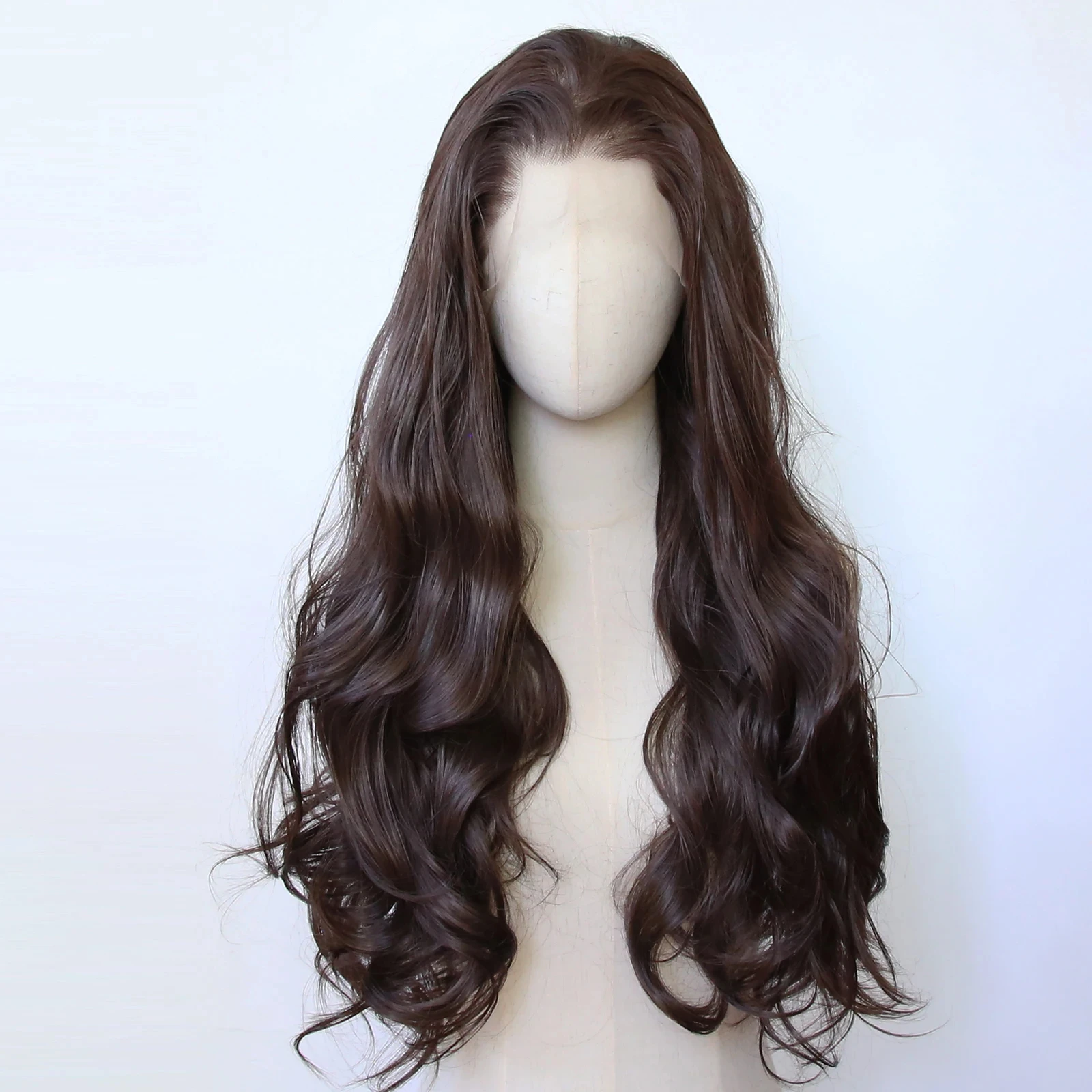 

Темно-шоколадно-коричневый парик Синтетический парик фронта шнурка Длинные объемные волны Синтетический парик фронта шнурка Предварительно выщипанные термостойкие волокна волос