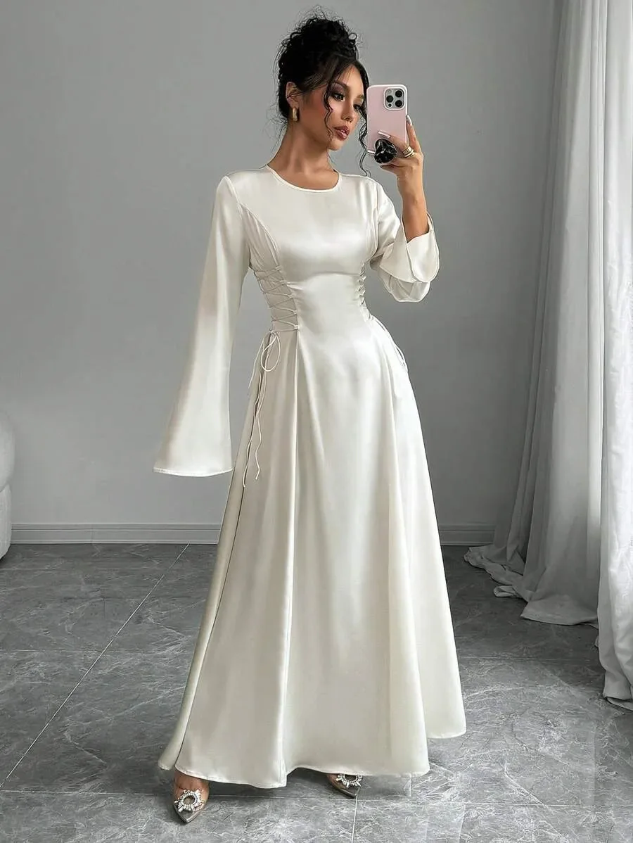 Women Dress Eid Vestidos Abaya Muslim Caftan Dresses Robe Lace Up Flare Sleeve Modest Jalabiya Ramadan Morocco Dubai Kaftan
