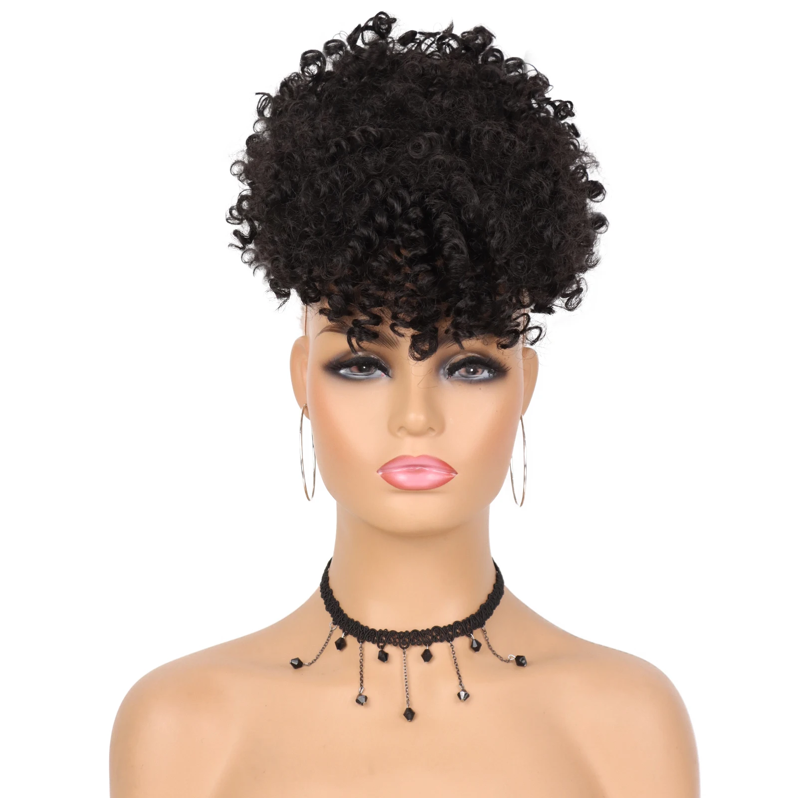 Synthetic Wig Ponytail Extensions Afro High Puff Hair Bun Drawstring With Bangs Short Kinky Curly Clip for Black Women Daily